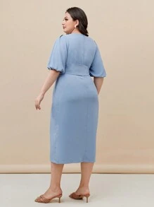 Modelyn 大碼素色泡泡袖連衣裙 - 霧霾藍 - 查看 2