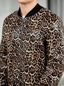 GENTILAND Chaqueta bomber de hombre de corte holgado con estampado de leopardo y cremallera - Multicolor - Ver 3