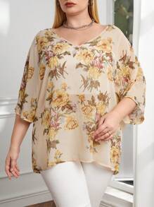 SHEIN LUNE Plus Floral Print Batwing Sleeve Blouse - Apricot - View 6