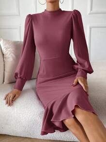 SHEIN Privé Vestido de manga farol fruncido bajo sirena - Rosa vieja - Ver 5