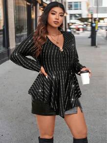 SHEIN Unity 加大对比亮片荷叶边 T 恤图案 T 恤女式上衣 - 黑色 - 查看 3