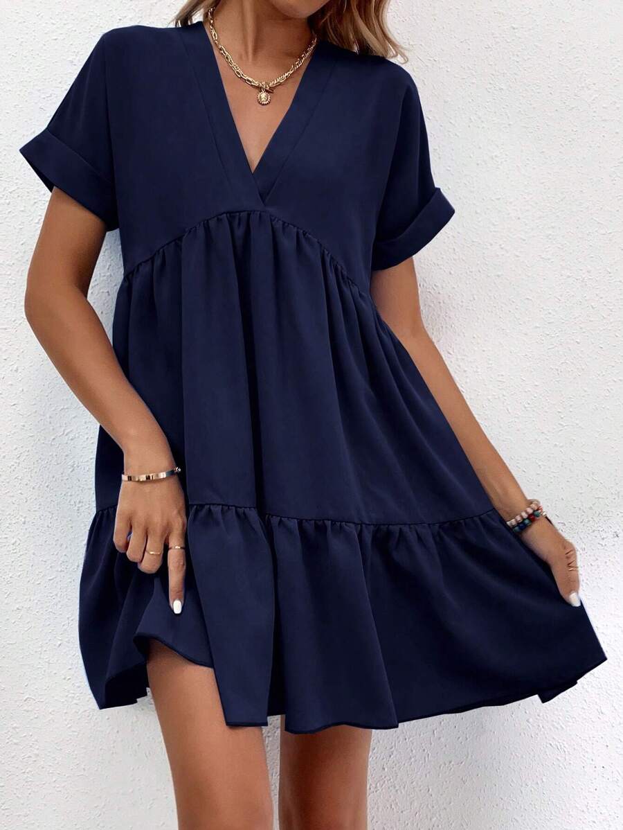 SHEIN LUNE Roll Up Sleeve Ruffle Hem Smock Dress