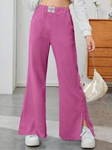 SHEIN Thiếu niên cô gái Chi tiết Patched thư Viền chia cắt Quần ống loe - Màu Hồng Tươi - Xem 1