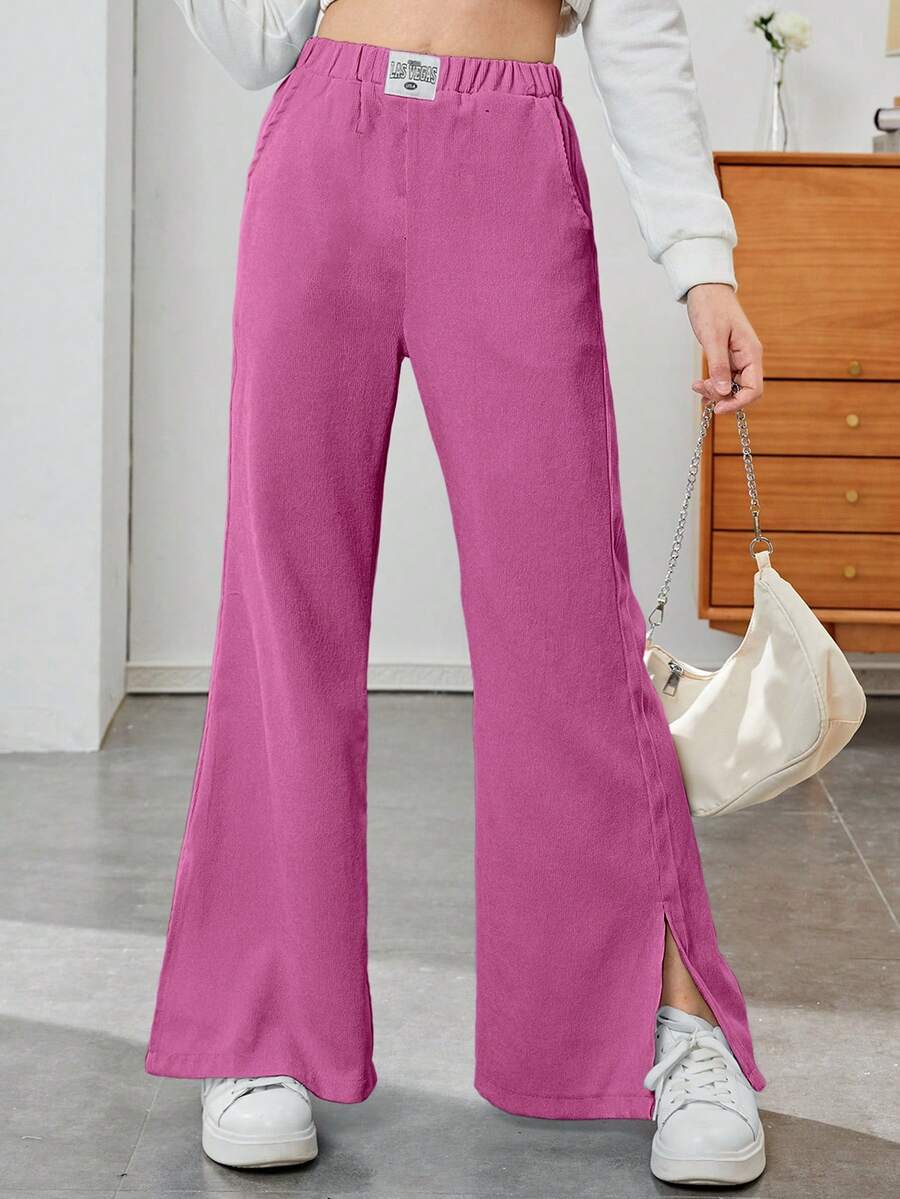 SHEIN Thiếu niên cô gái Chi tiết Patched thư Viền chia cắt Quần ống loe - Màu Hồng Tươi - Xem 1