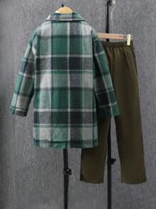 男孩格紋印花西裝領西裝外套和褲子無毛衣 - 軍綠色 - 查看 2