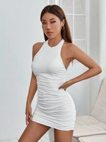 SHEIN PETITE Solid Ruched Halter Backless Bodycon Dress - White - View 5