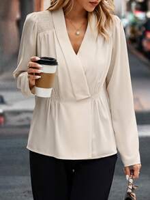 SHEIN Clasi Solid Plicated Detail Puff Sleeve Peplum Blouse - Apricot - View 4