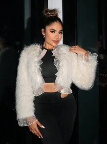 SHEIN SXY Contrast Mesh Open Front Fuzzy Coat - Apricot - View 1