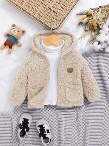 SHEIN Baby Boy 1pc Bear Embroidery Hooded Teddy Coat - Apricot - View 1