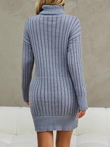 SHEIN Clasi 愛心圖案高領麻花編織落肩袖毛衣洋裝 - 灰色 - 查看 2