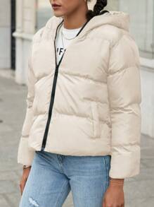 EURMUSE Zip Up Hooded Puffer Coat - Beige - View 3