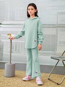 SHEIN Leap Crew Tween Girl Letter Patched Drop Shoulder Hoodie & Flare Leg Pants - Mint Green - View 4