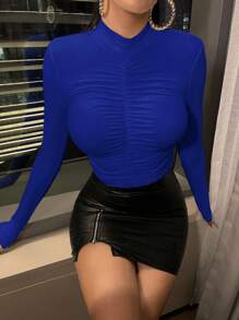 SHEIN SXY 小高領前收褶前收褶T恤 - 寶藍色 - 查看 1