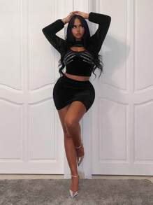 Slaydiva Rhinestone Detail Cut Out Crop Hoodie & Bodycon Skirt - Black - View 3