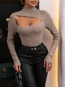 Zolique Suéter de cuello alto con abertura delantera de punto para otoño e invierno - Camel - Ver 4
