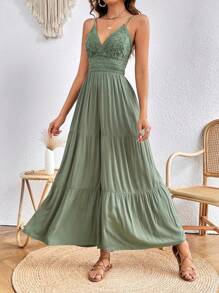 SHEIN VCAY Contrast Lace Ruffle Hem Cami Jumpsuit - Green - View 6