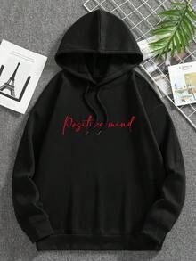 男士字母圖案抽繩加絨內裏連帽衫 - 黑色 - 查看 2