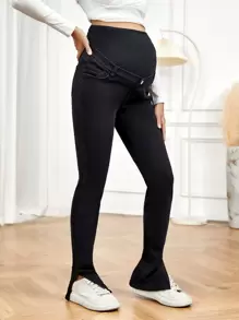 SHEIN 孕婦寬腰帶下擺開叉緊身牛仔褲 - 黑色 - 查看 1