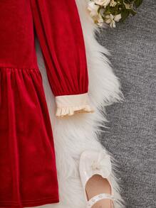 SHEIN Tween Girl Contrast Sequin Statement Collar Flounce Sleeve Ruffle Hem Velvet Dress - Burgundy - View 5