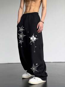 Manfinity EMRG 男士休闲蜘蛛网印花运动裤，带斜口袋和抽绳腰长款运动裤，图案外出趣味男友礼物 - 黑色 - 查看 1