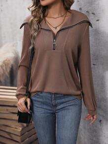 SHEIN LUNE Sailor Collar Half Zip Sweatshirt - Coffee Brown - View 3