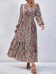 SHEIN VCAY Vestido con estampado de paisley de manga farol bajo con fruncido - Amarillo - Ver 3