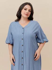 Mulvari Hơn Nút phía trước Tay áo lồng đèn Đầm - Màu xanh bụi bặm - Xem 6