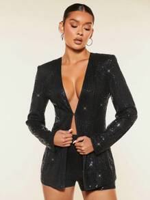 SHEIN BAE 秋冬跨年夜女士黑色亮片西装外套 - 黑色 - 查看 5