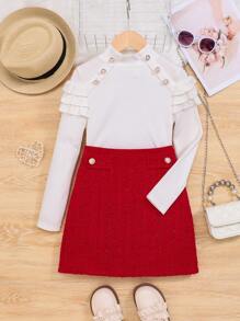 SHEIN 女大童紐扣細節T恤和裙子 - 彩色 - 查看 1