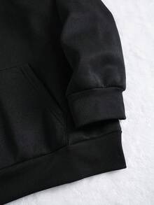 SHEIN EZwear 加大码山峰标语图案抽绳保暖内衬卫衣 - 黑色 - 查看 6