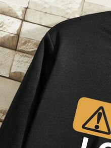 男士標語圖案加絨內裏運動衫 - 黑色 - 查看 7