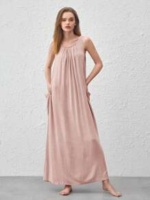 Leisure Natural Linen Comfy & Breathable Side Pocket Lounge Dress-Pink - Coral Pink - View 5