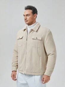Manfinity VCAY Loose Fit Men's Plus Size Flap Pocket Zipper Jacket, For Fall Winter - Khaki - View 6