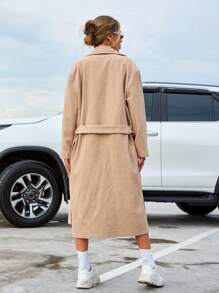 EURMUSE Lapel Neck Drop Shoulder Belted Overcoat - Beige - View 2