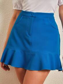 SHE(IN) BRASIL Chất rắn Xù Hoa Sen Váy - Màu xanh lam - Xem 3