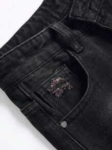 男大童星星印花破洞牛仔褲 - 黑色 - 查看 8