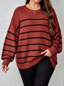 EMERY ROSE Suéter de hombros caídos con estampado de rayas para otoño/invierno en talla grande - Multicolor - Ver 4