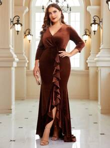 SHEIN Belle Burgundy Red Plus Ruffle Trim Glitter Bridesmaid Dress - Burgundy - View 1