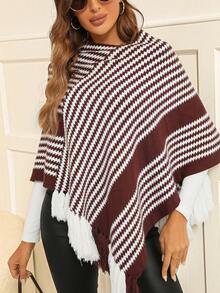 SHEIN Clasi Mẫu sọc Viền rìa Áo len Poncho - Cà phê nâu - Xem 4
