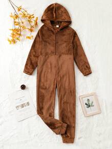 男大童前拉鏈連帽法蘭絨連體睡衣 - 棕色 - 查看 1