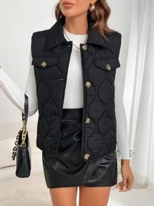 SHEIN Clasi Flap Detail Sleeveless Onion Quilted Coat In Fall/Winter
