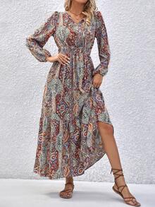 SHEIN VCAY Vestido con estampado de paisley de manga farol bajo con fruncido - Amarillo - Ver 5