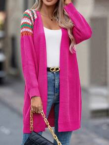 SHEIN Essnce 幾何圖案插肩袖開襟開衫 - 玫紅色 - 查看 4