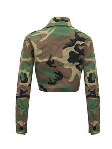 Women's Camouflage Printed Denim Long Sleeve Crop Jackets  Spring/Autumn Fashion Casual Workwear Coat Tops - 彩色 - 查看 3