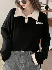 Letter Graphic Contrast Collar Drop Shoulder Polo Neck Tee - Black - View 5