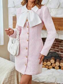GENKIRA Hoa văn kẻ sọc Cà vạt Nút phía trước Tweed Áo khoác - Hồng - Xem 2