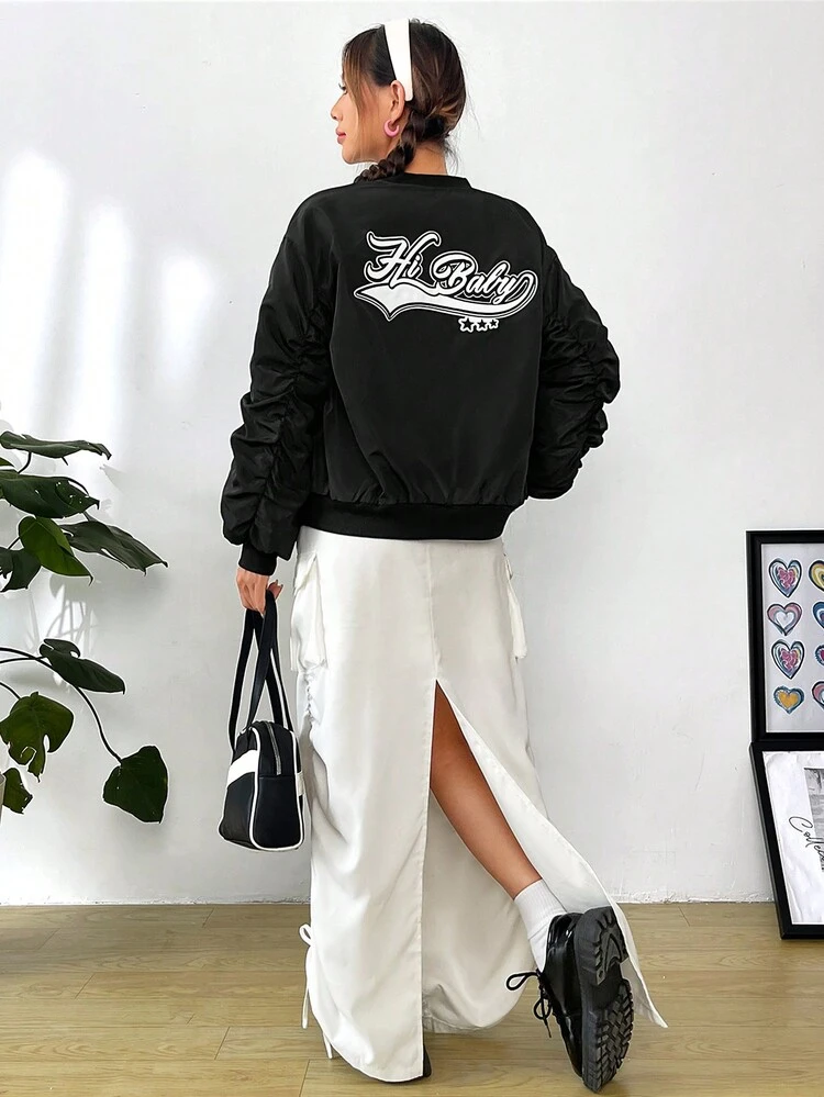 Letter Graphic Ruched Sleeve Bomber Jacket