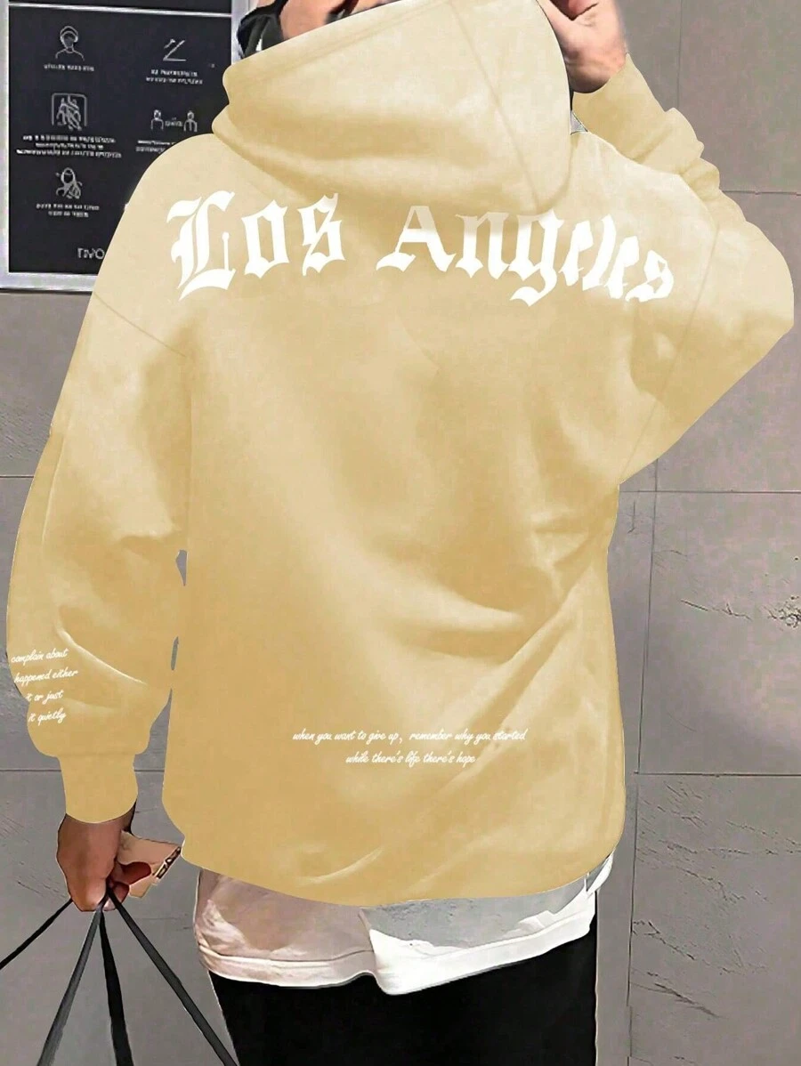 Manfinity Nam Plus Đồ họa Khẩu hiệu Thả vai Hoodie - Màu Khaki - Xem 1