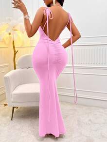 SHEIN SXY Cà vạt vai Không lưng Xù Không lưng Nàng tiên cá Hem Váy Dây - Màu Hồng baby - Xem 4