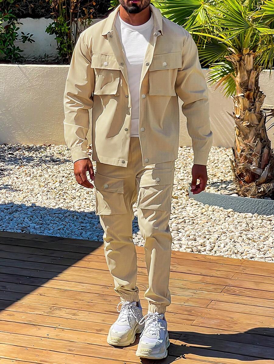 Manfinity Homme Men Flap Pocket Shirt & Drawstring Waist Pants - Apricot - View 1